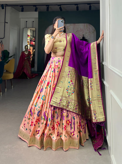 Peach color jacquard silk lehenga choli with dupatta 