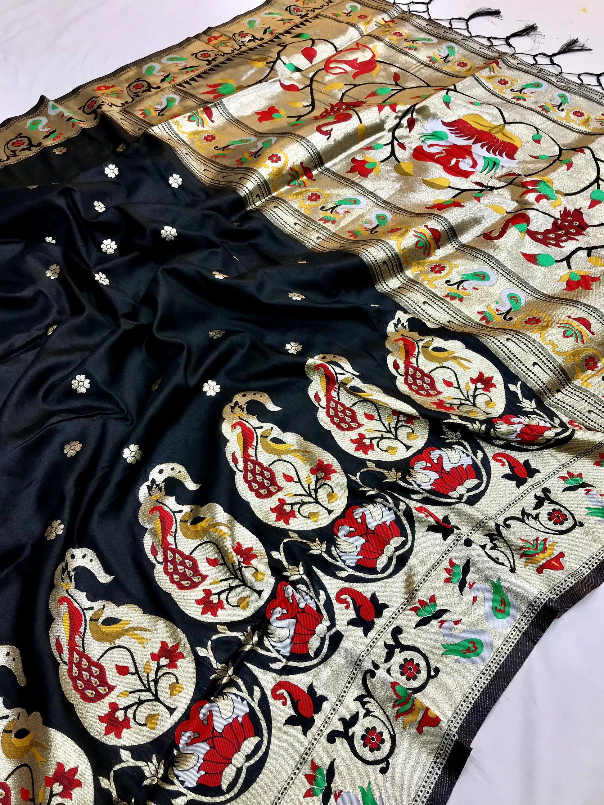 Black color paithani silk saree for women with online
