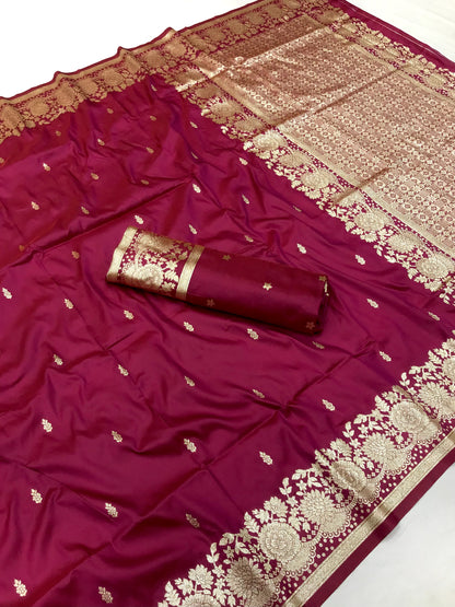 Maroon color banarasi silk saree with blouse images 