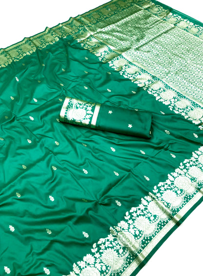 Rama color banarasi silk saree with blouse design 