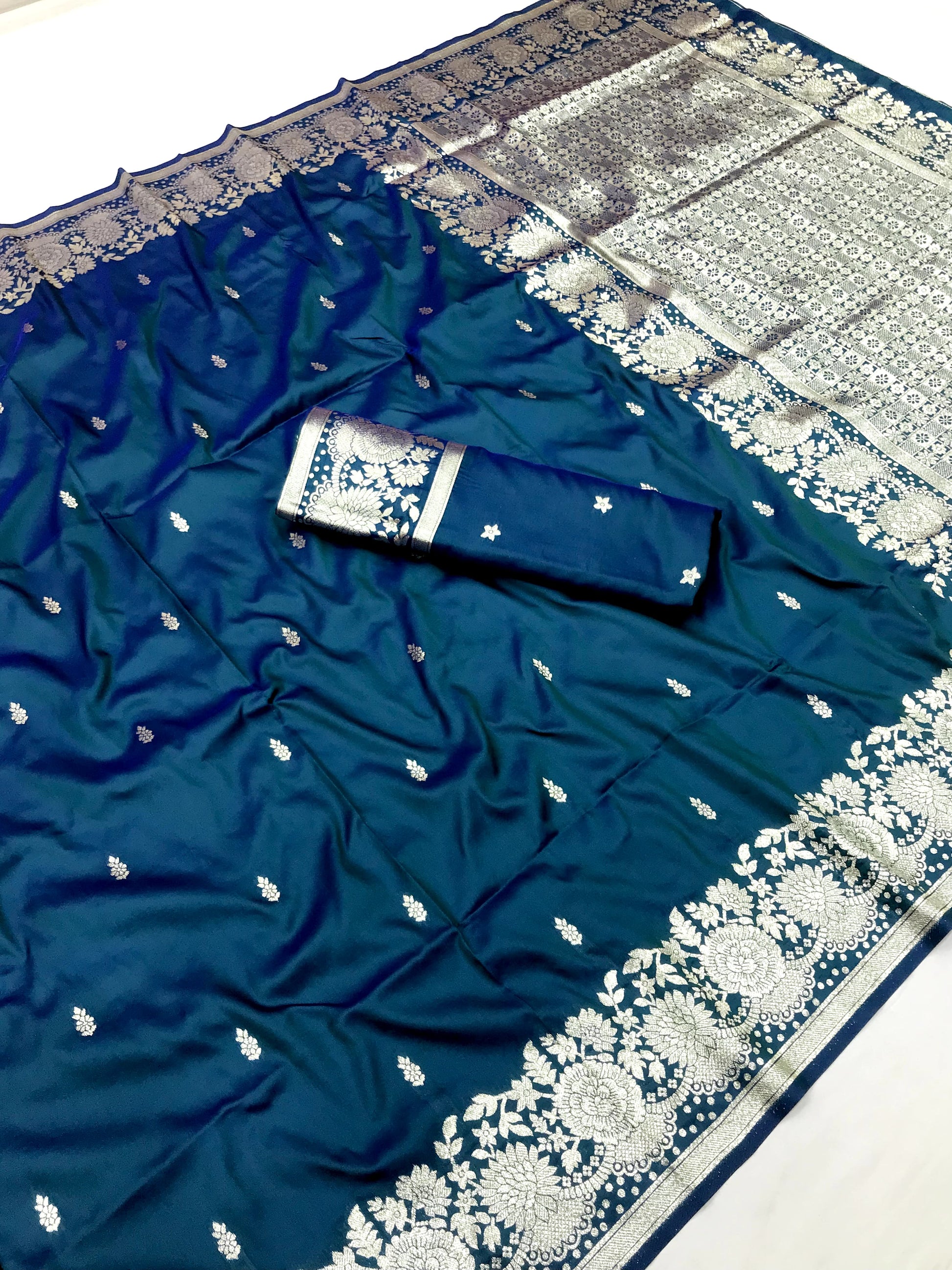 Teal color banarasi silk saree with blouse online shopping