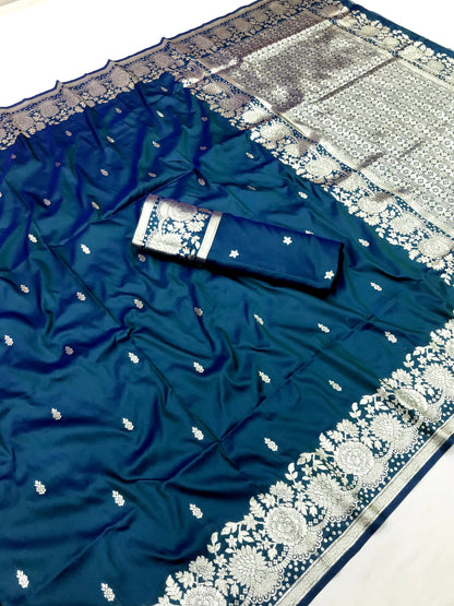Teal color banarasi silk saree with blouse online shopping
