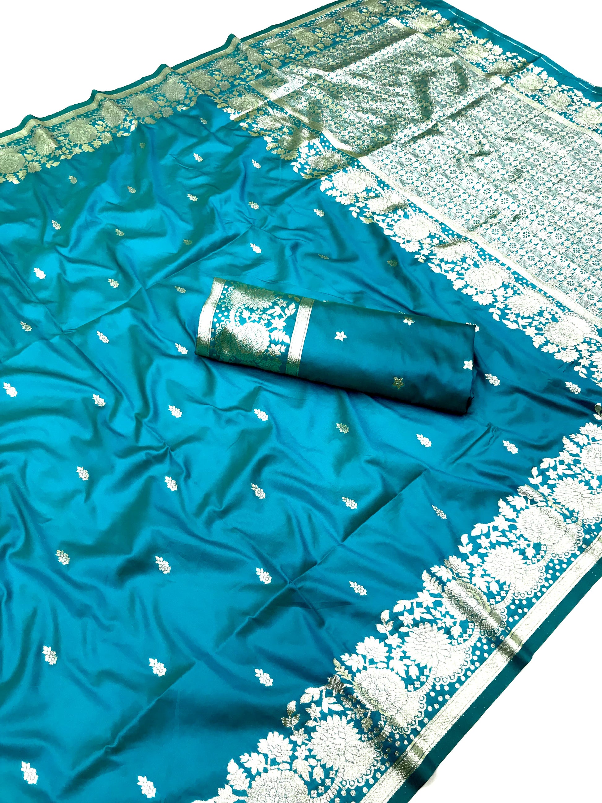Sky color banarasi silk saree with blouse for wedding