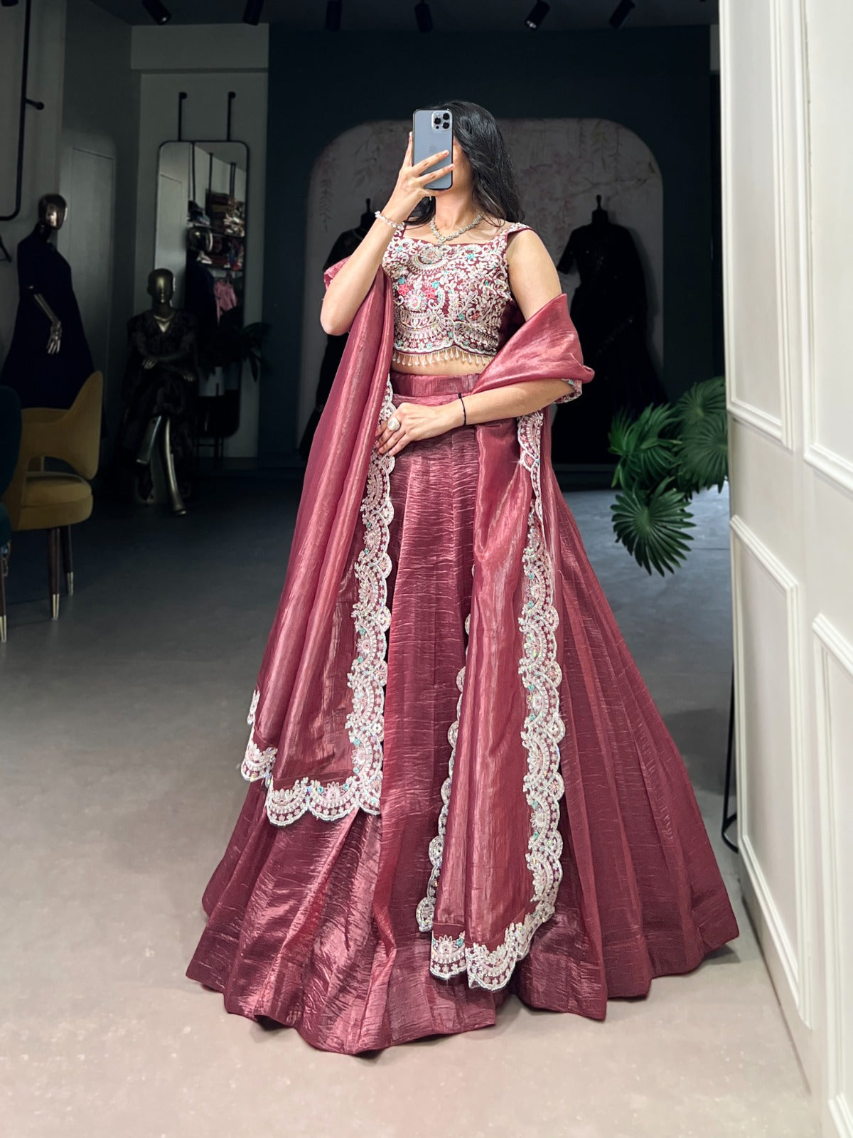 Rust color gold crush lehenga choli with dupatta online