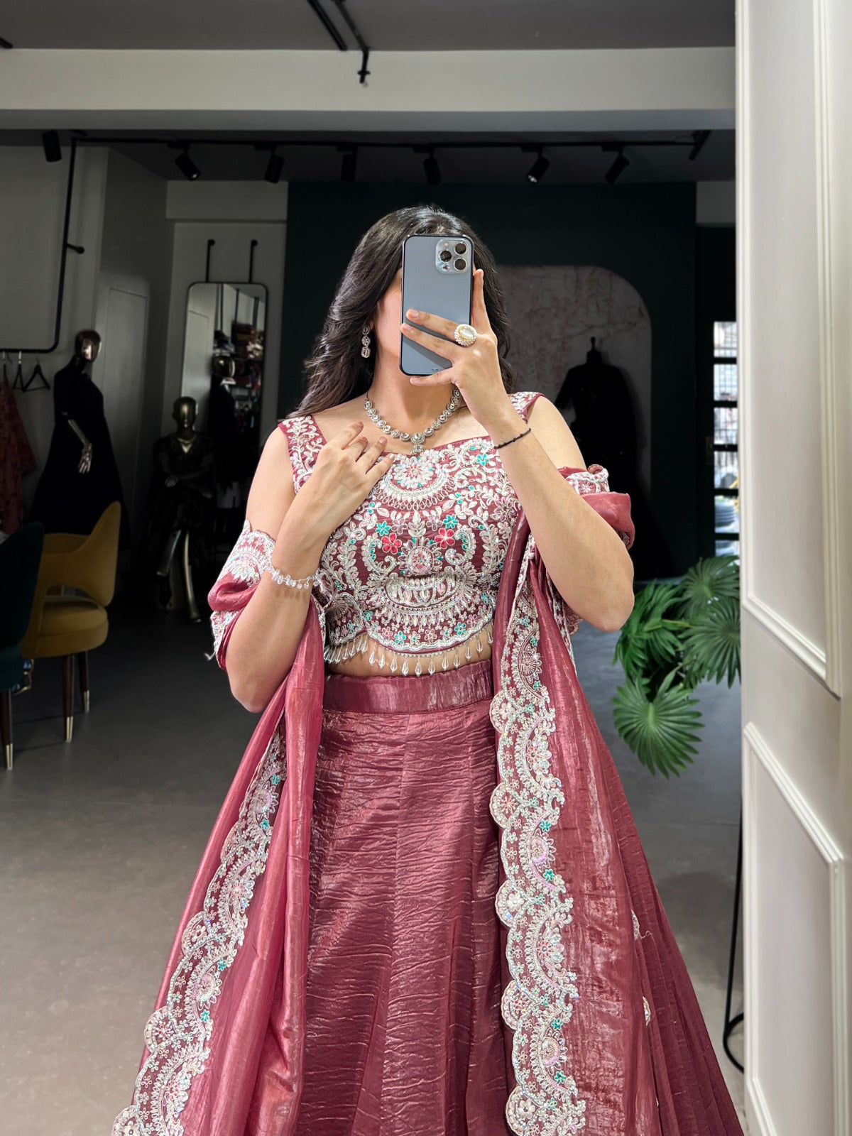Rust color gold crush lehenga choli with dupatta price