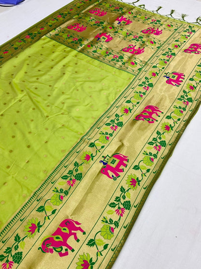 Parrot color Banarasi silk weaving saree with blouse
