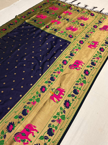 Navy blue color Banarasi silk saree with blouse design

