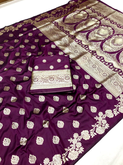 Wine color banarasi silk saree for party