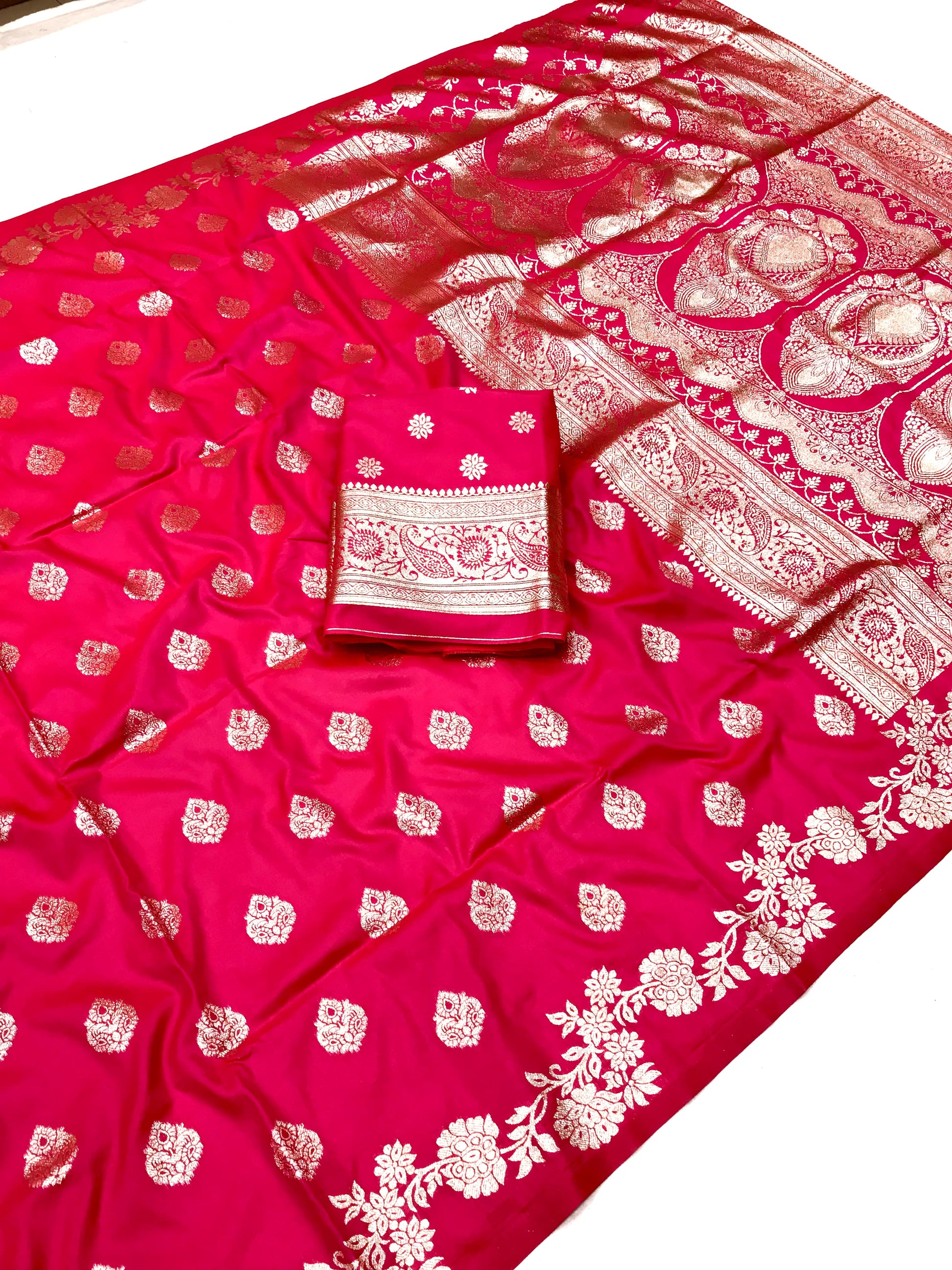 Pink color banarasi silk saree with blouse price