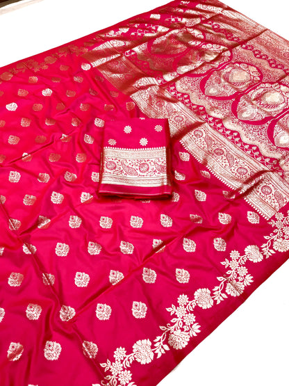 Pink color banarasi silk saree with blouse price