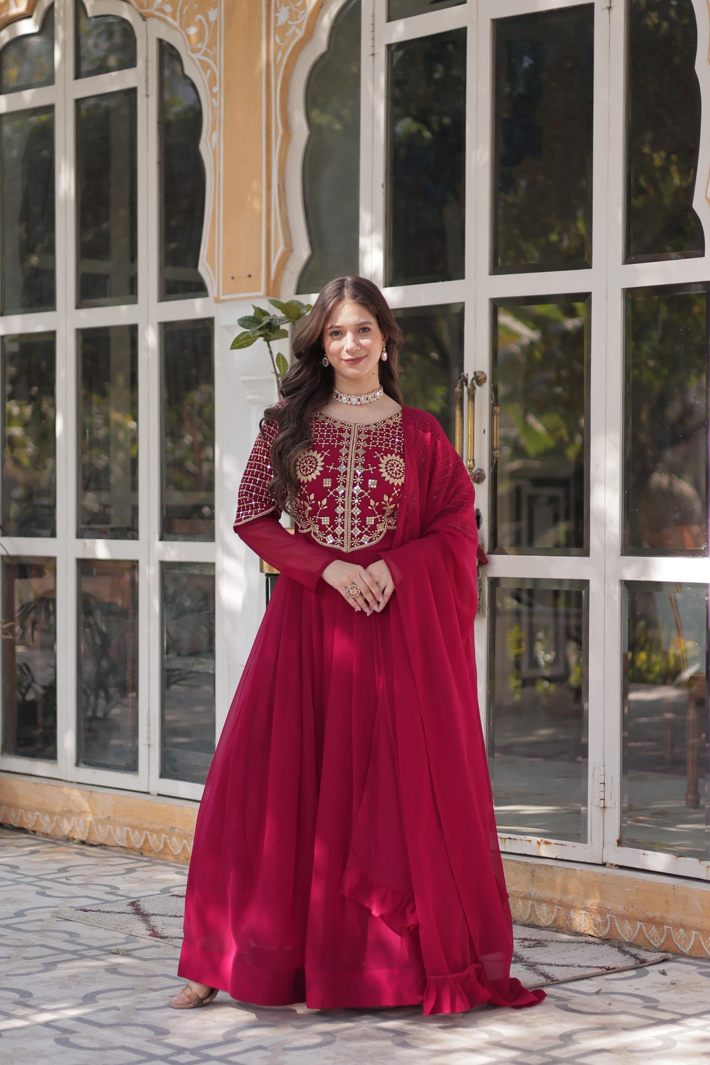 Pink color faux blooming gown for wedding