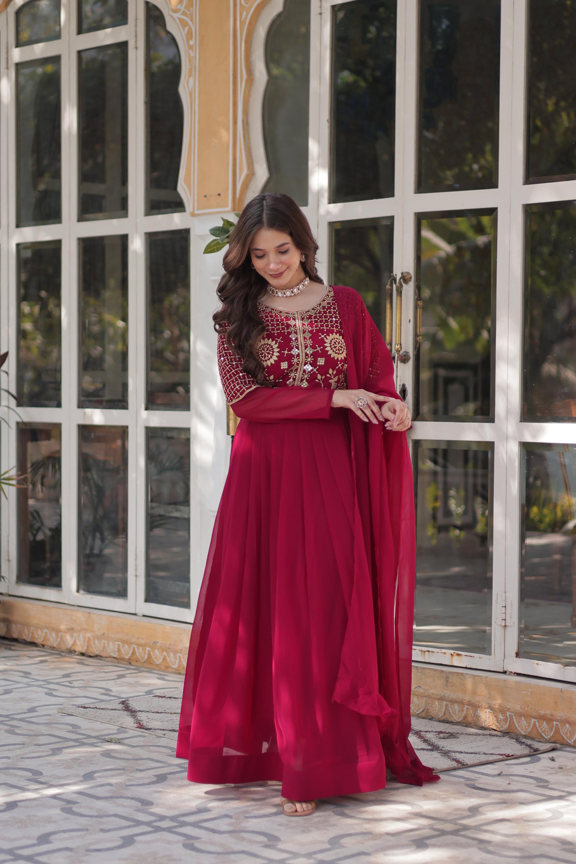 Pink color faux blooming gown with dupatta