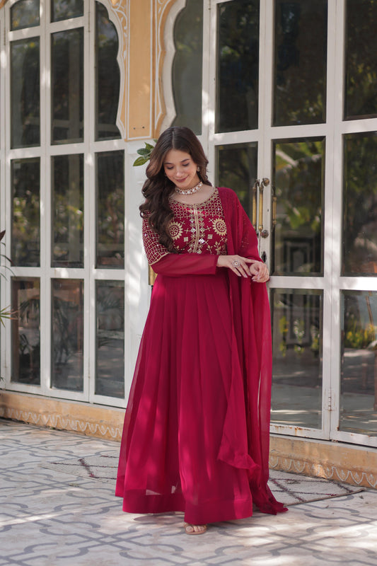 Pink color faux blooming gown with dupatta