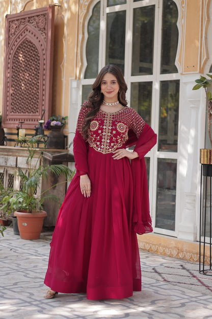 Pink color faux blooming gown with dupatta online shopping