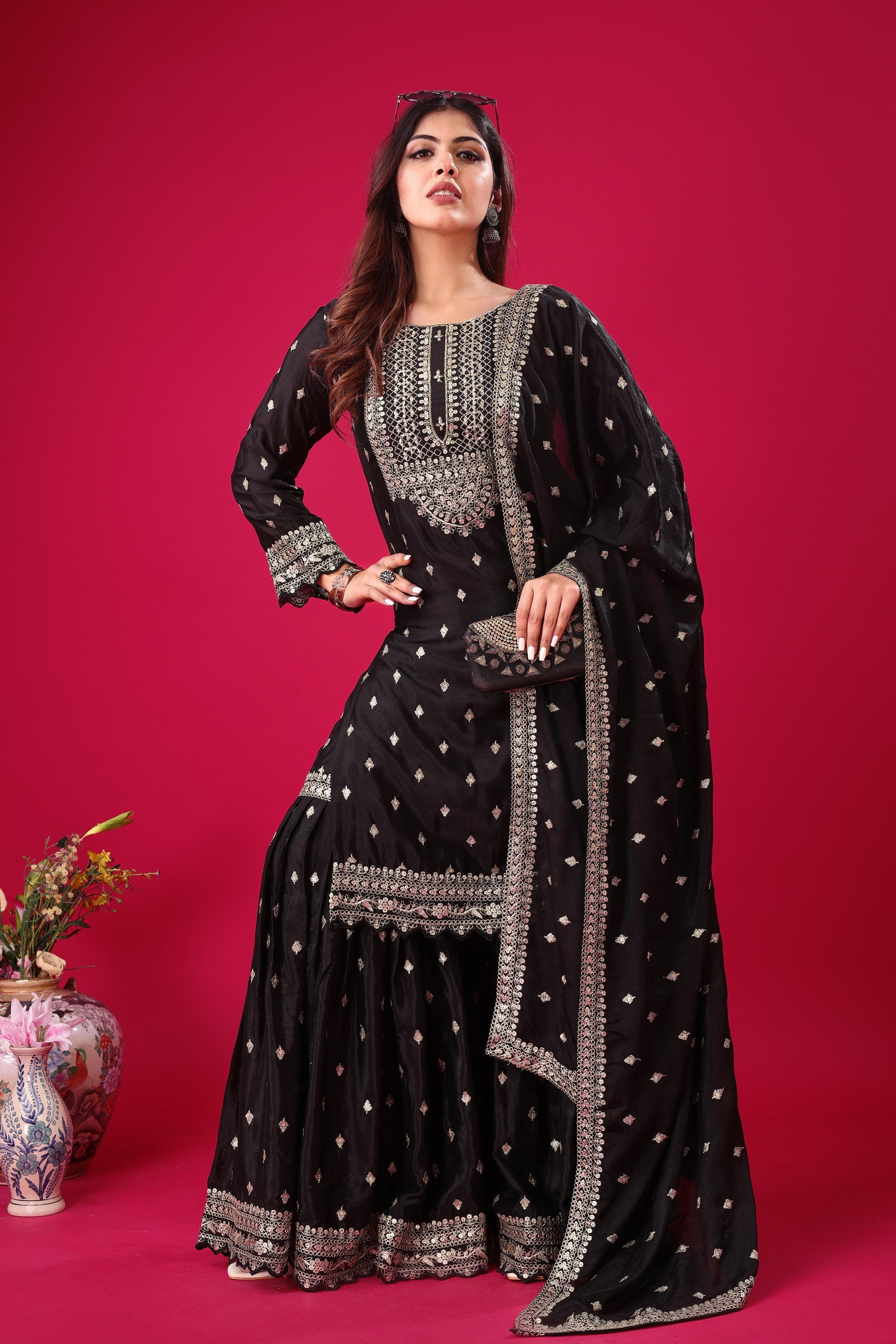 Black color chinon silk sharara suit for women