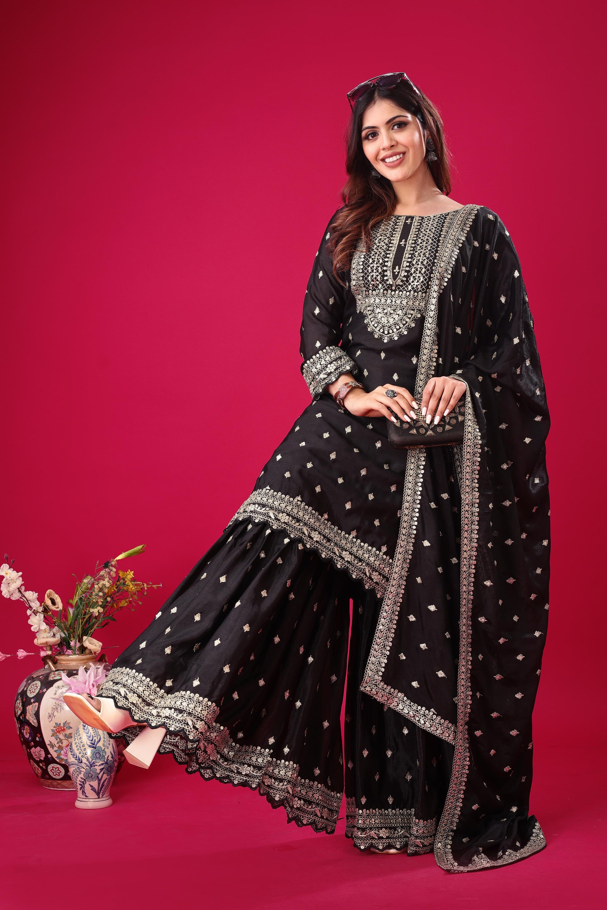 Black color chinon silk sharara suit with dupatta price