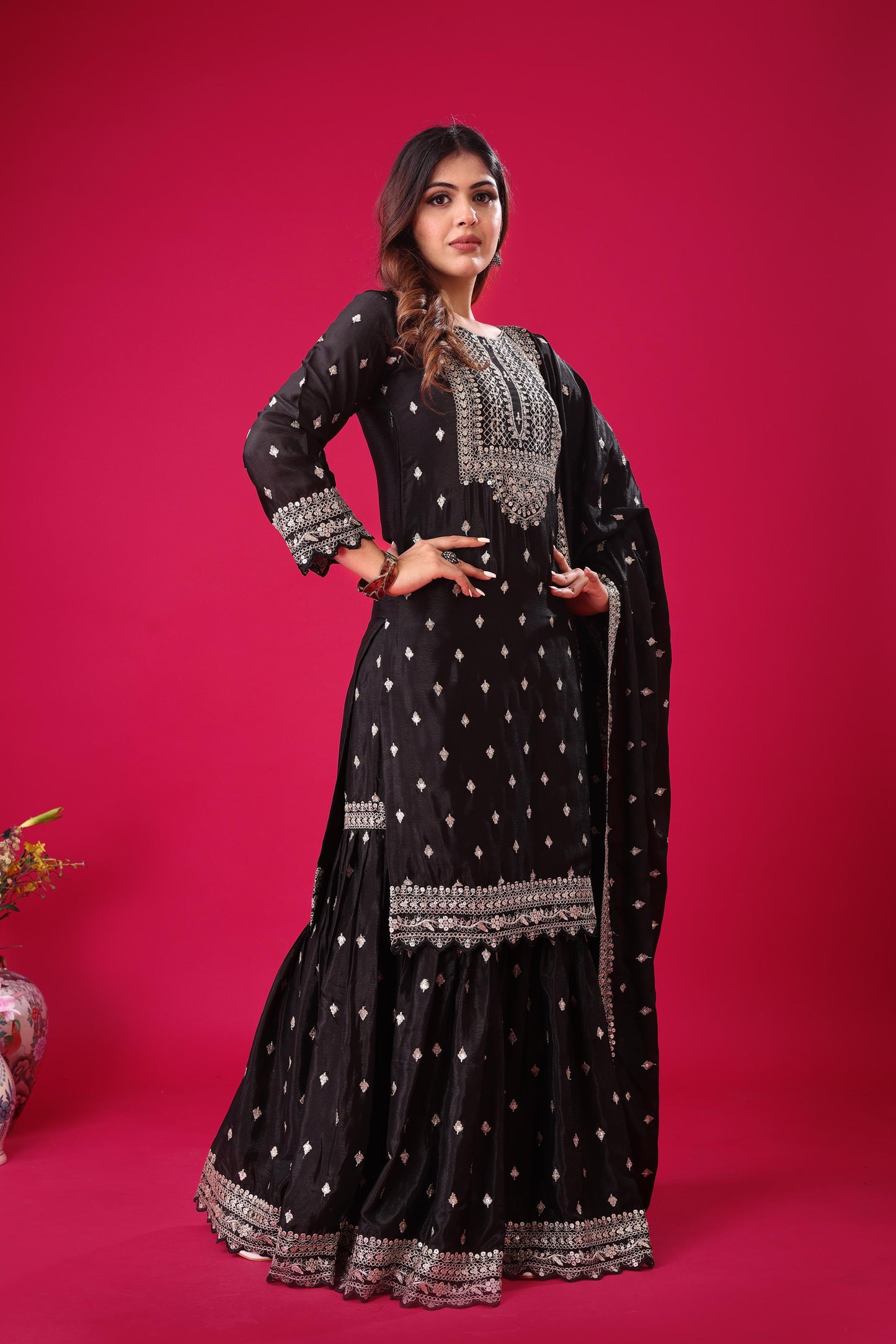 Black color chinon silk sharara suit with dupatta 