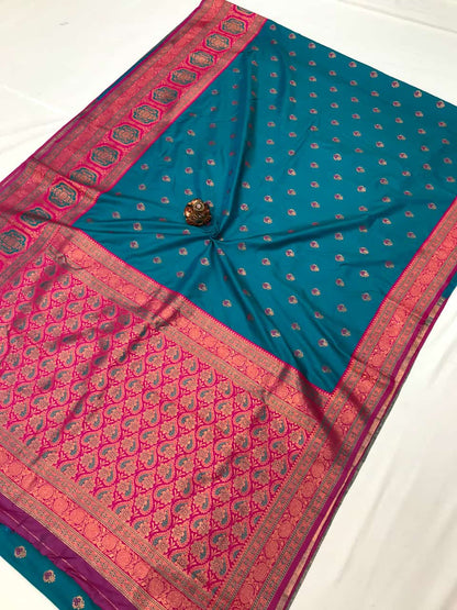 Rama color banarasi silk saree with blouse images