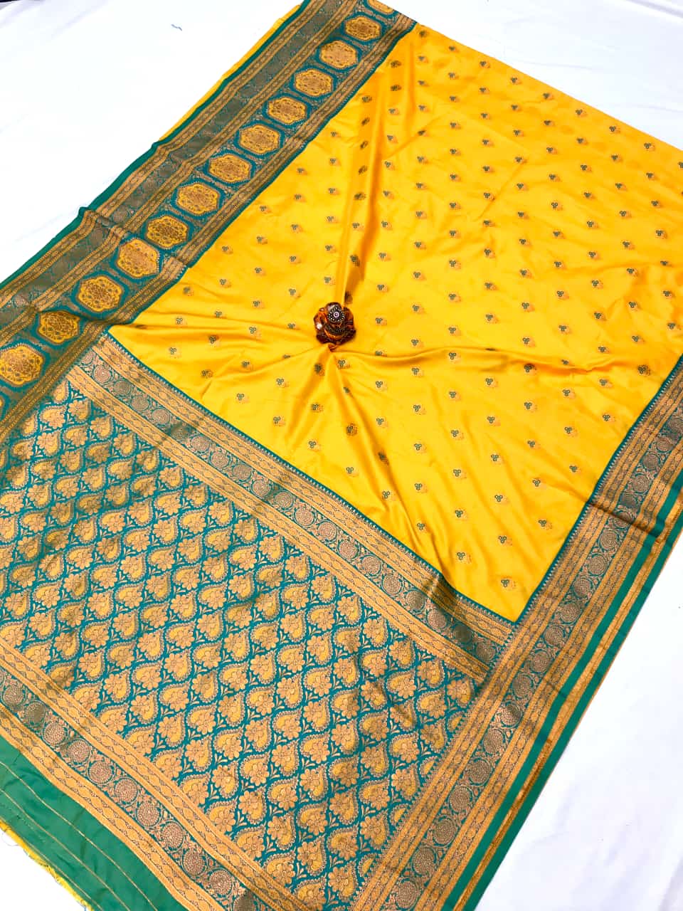 Yellow color banarasi silk saree with blouse for haldi rasam