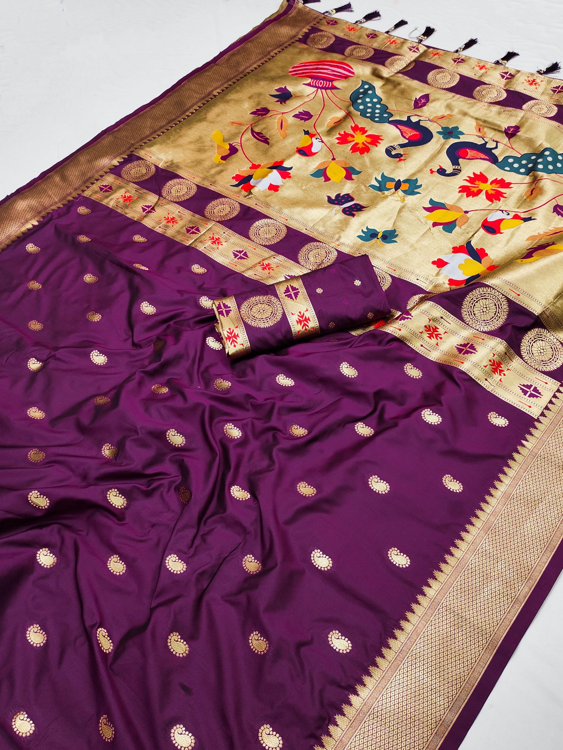 Wine color paithani silk saree for women