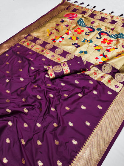 Wine color paithani silk saree for women