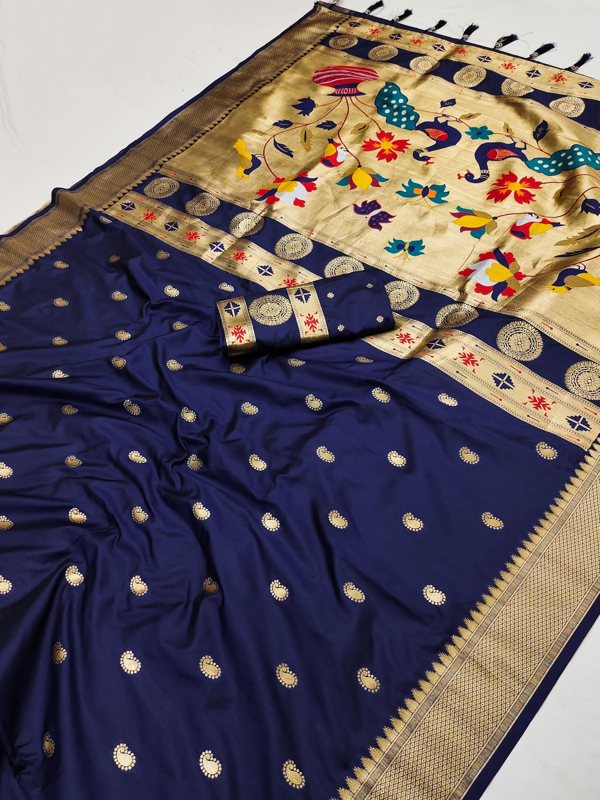 Navy blue color paithani silk saree with blouse images