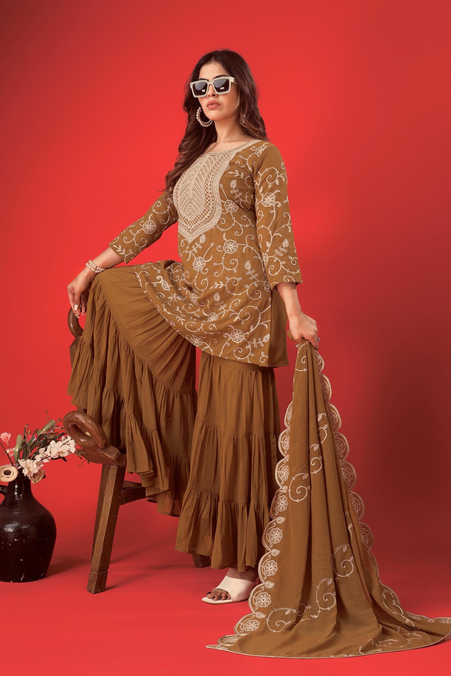 Brown color georgette sharara suit for women