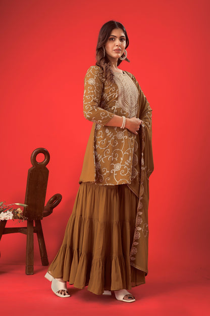 Brown color georgette sharara suit with dupatta online