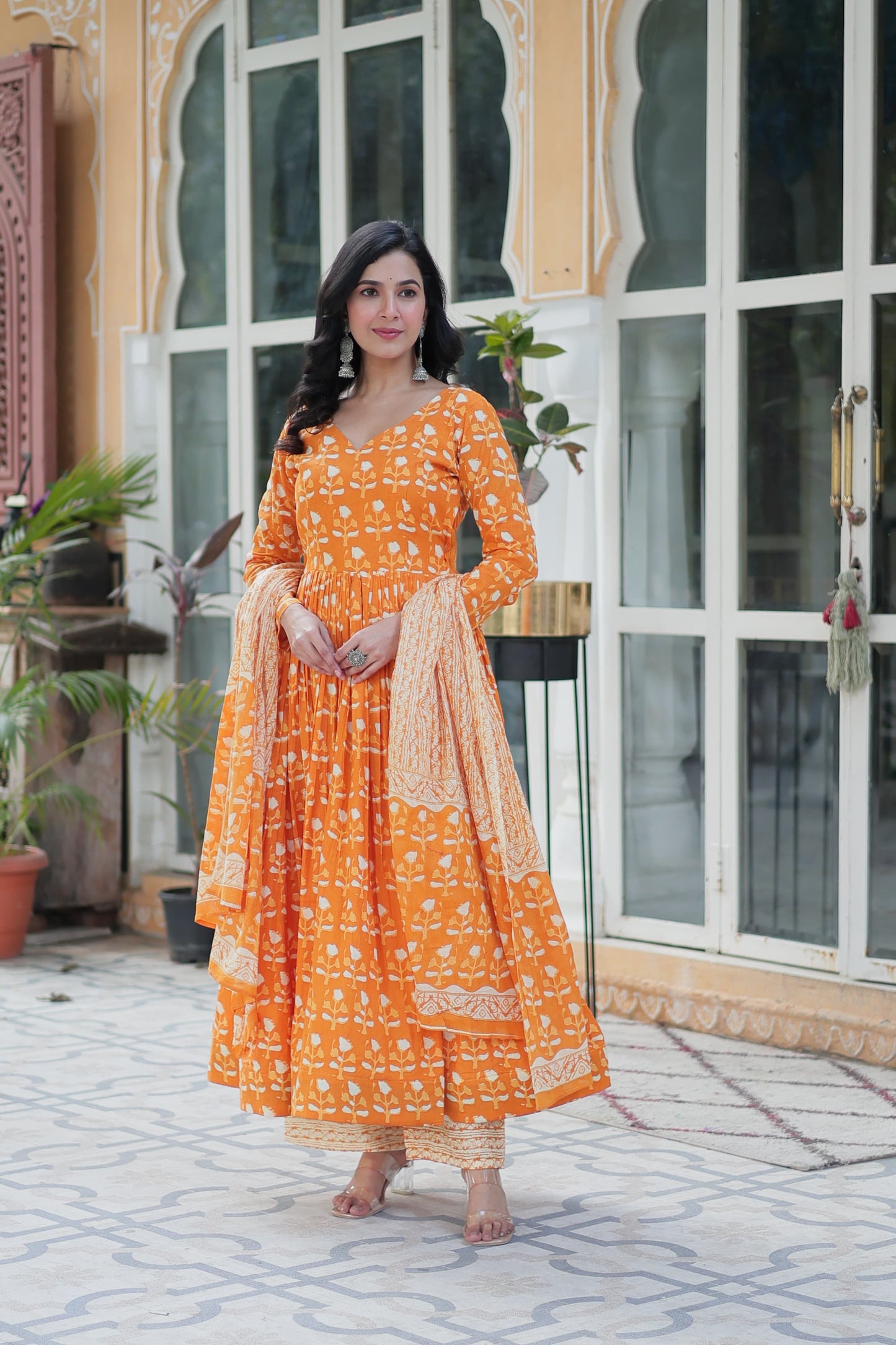 Orange color pure cotton salwar suit with dupatta