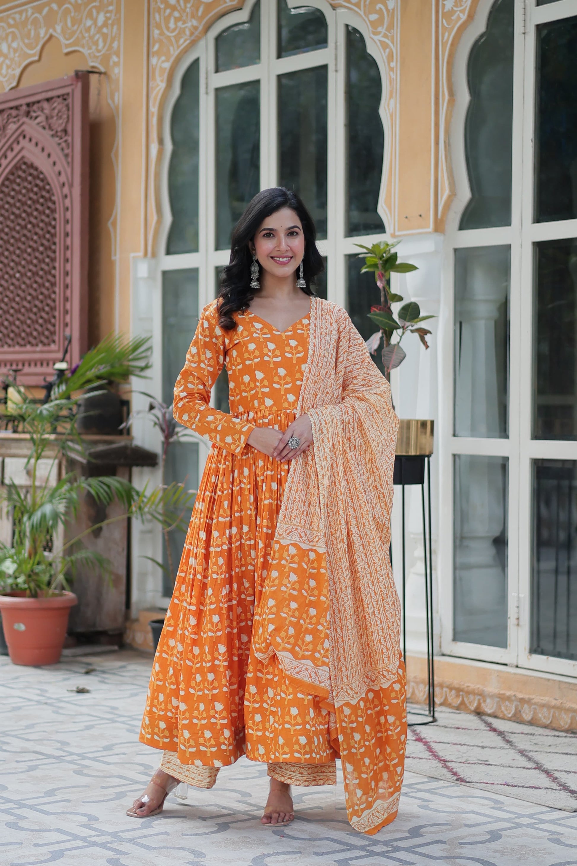 Orange color pure cotton salwar suit with dupatta online