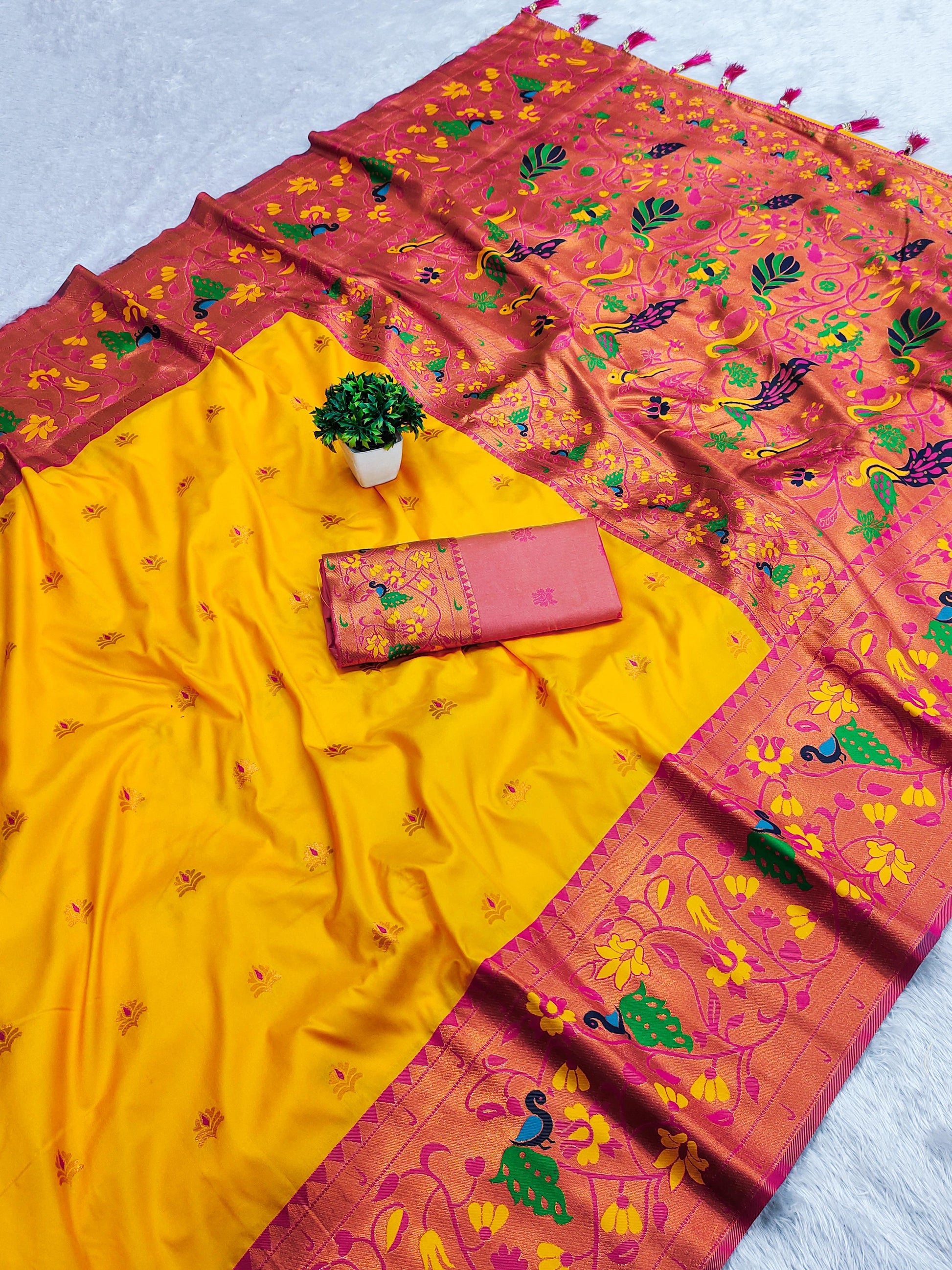 Yellow color paithani silk saree for women