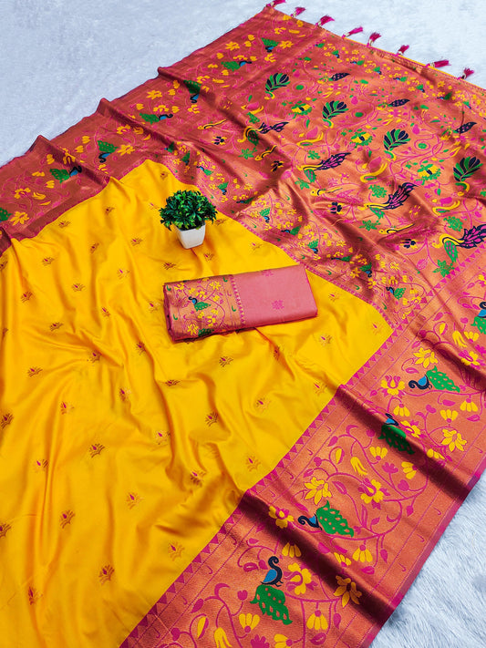 Yellow color paithani silk saree for women