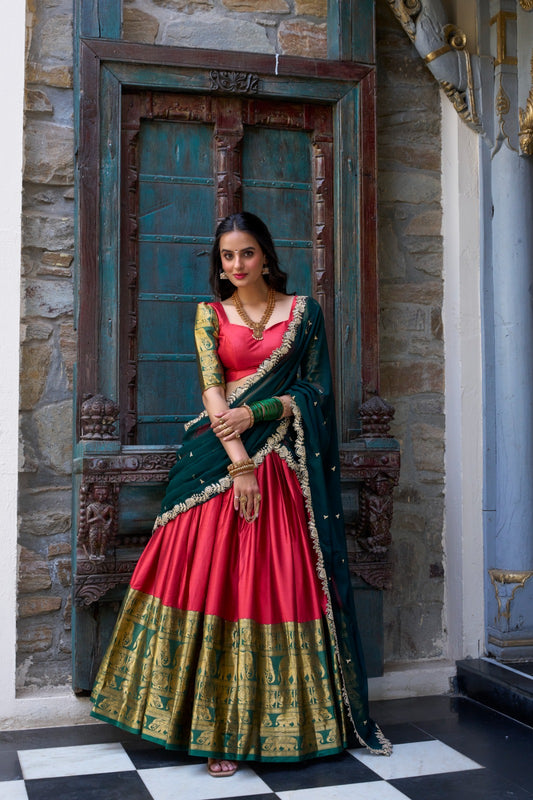 Red color narayan pattu lehenga choli for women