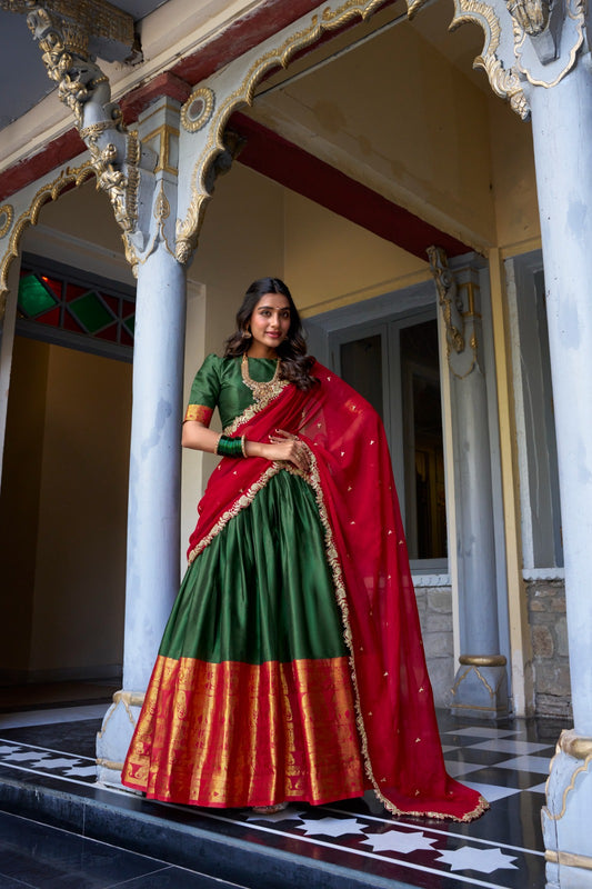 Green color narayan pattu lehenga choli for women