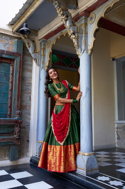 Green color narayan pattu lehenga choli with dupatta images