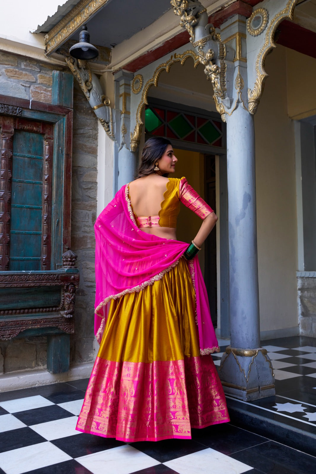 Mustard color narayan pattu lehenga choli with dupatta