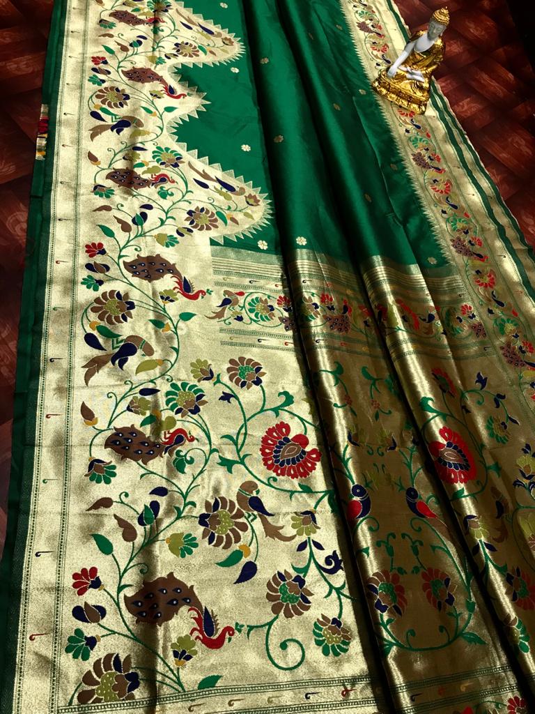 Green color paithani silk saree for women