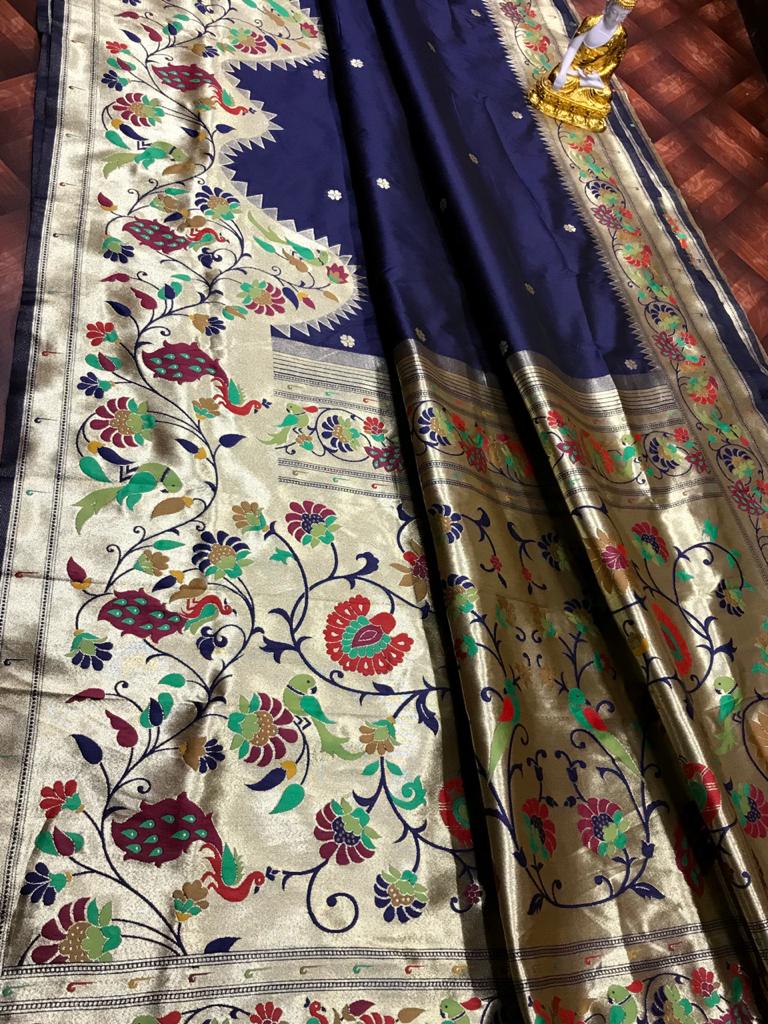 Navy blue color paithani silk saree with blouse