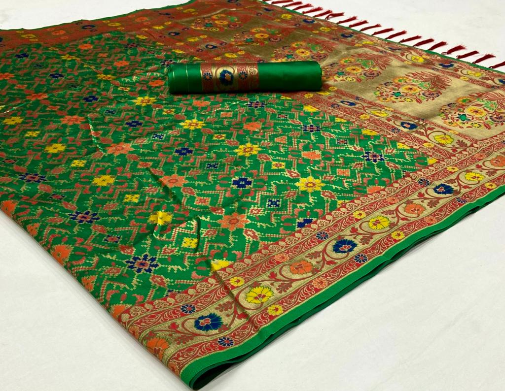 Green color banarasi silk saree with blouse images
