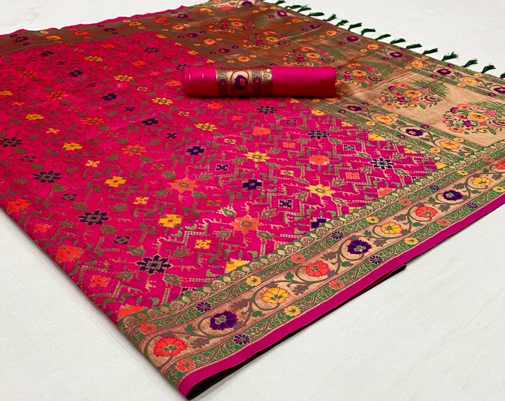 Pink color banarasi silk saree with blouse for wedding