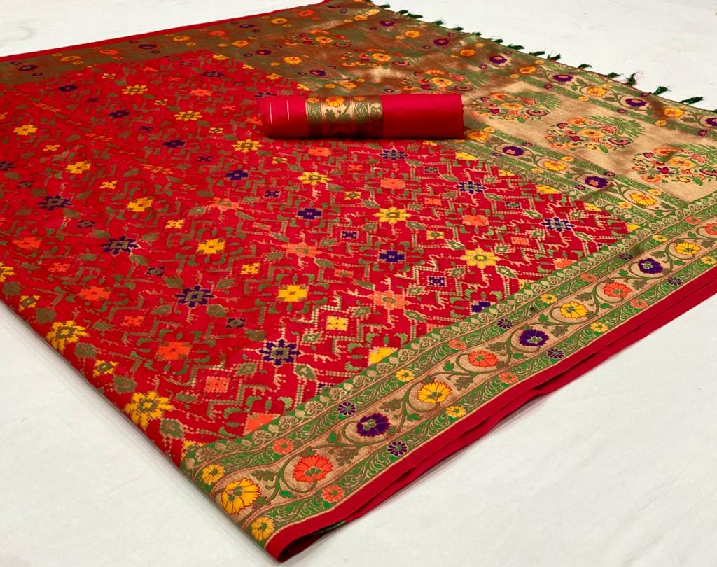 Red color banarasi silk saree with blouse images