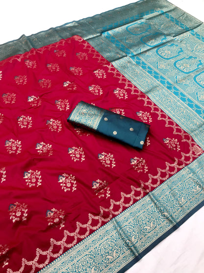 Red color banarasi silk saree for women