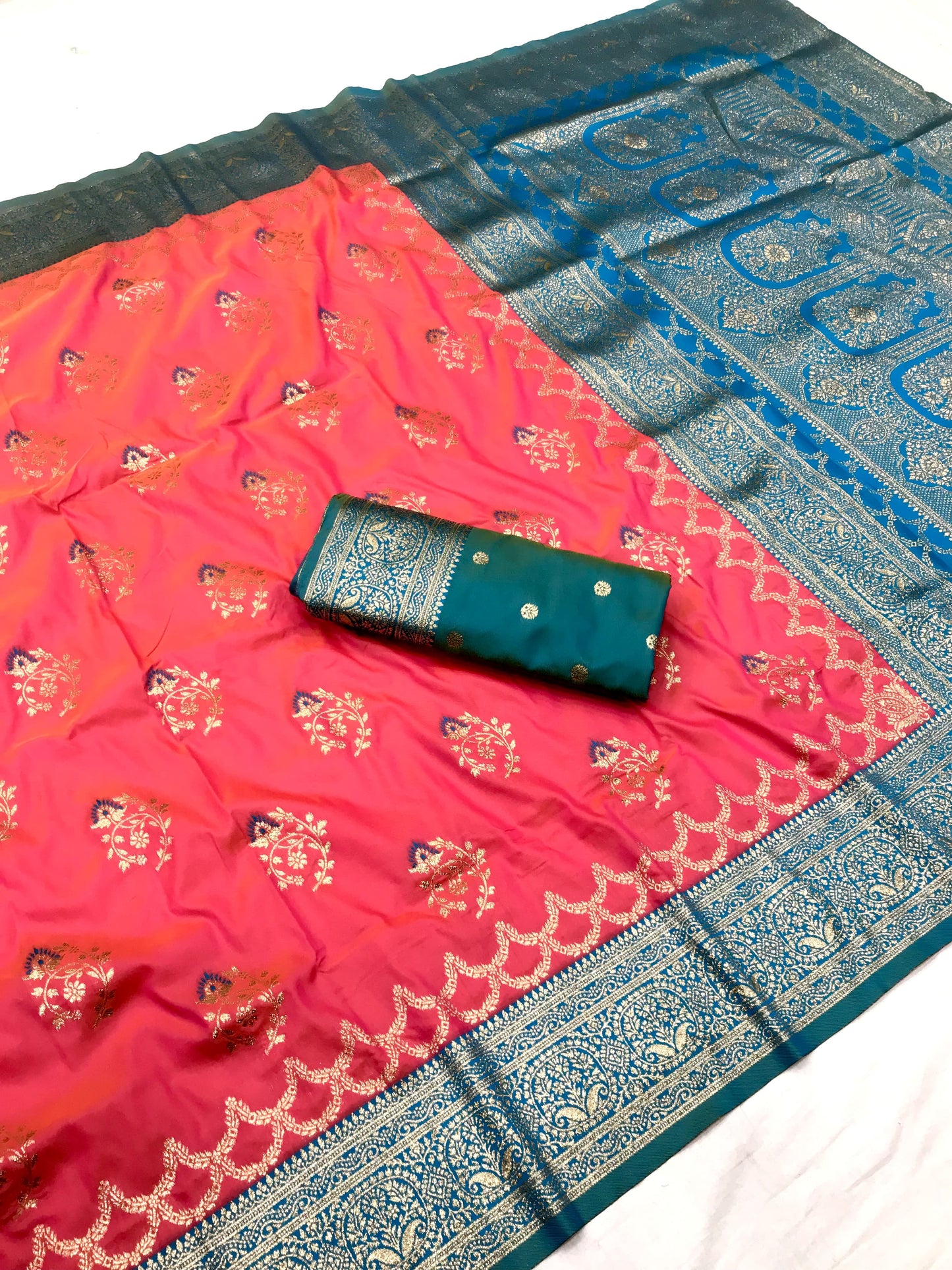 Peach color banarasi silk saree for wedding