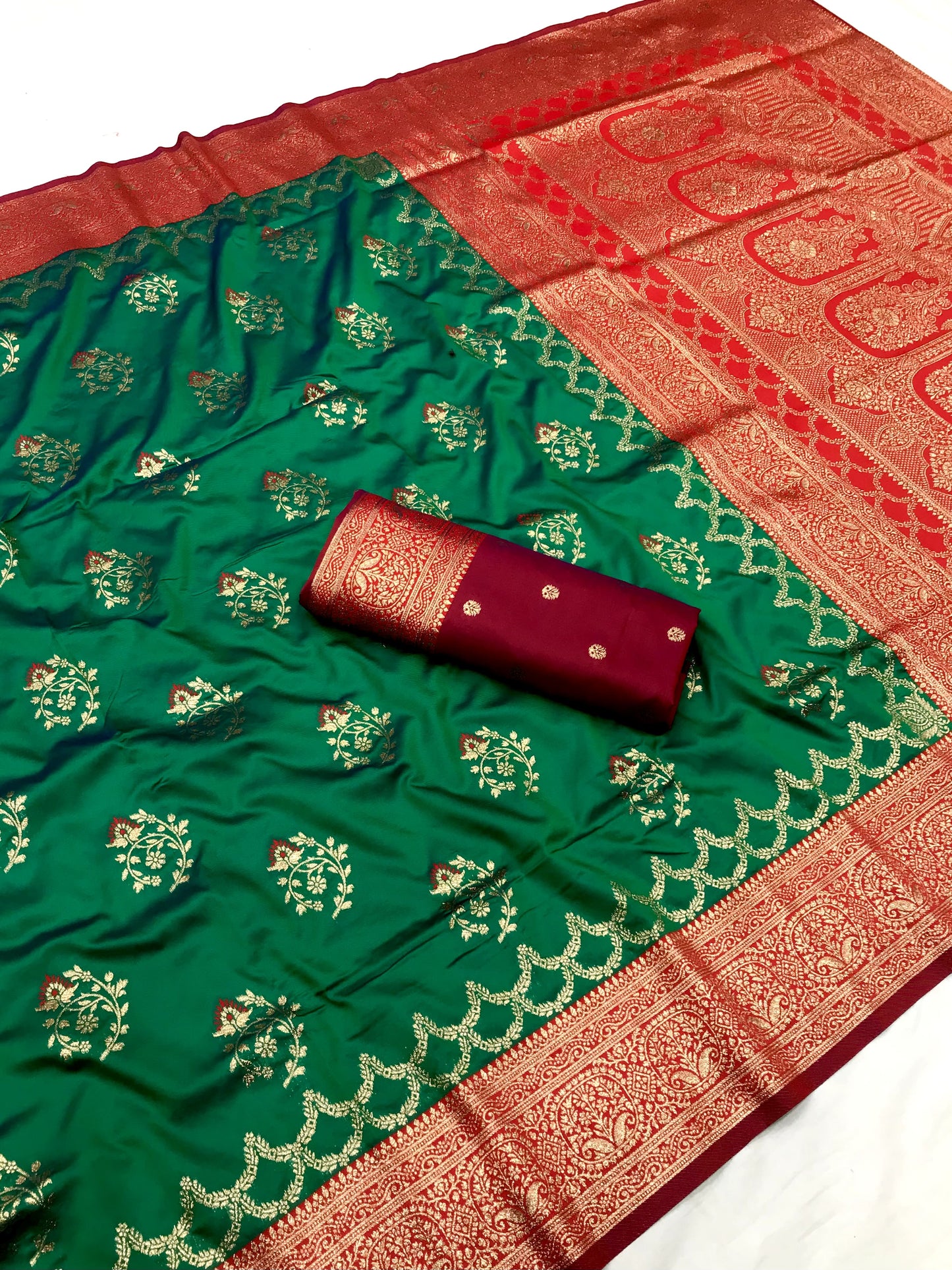 Green color banarasi silk saree with blouse price