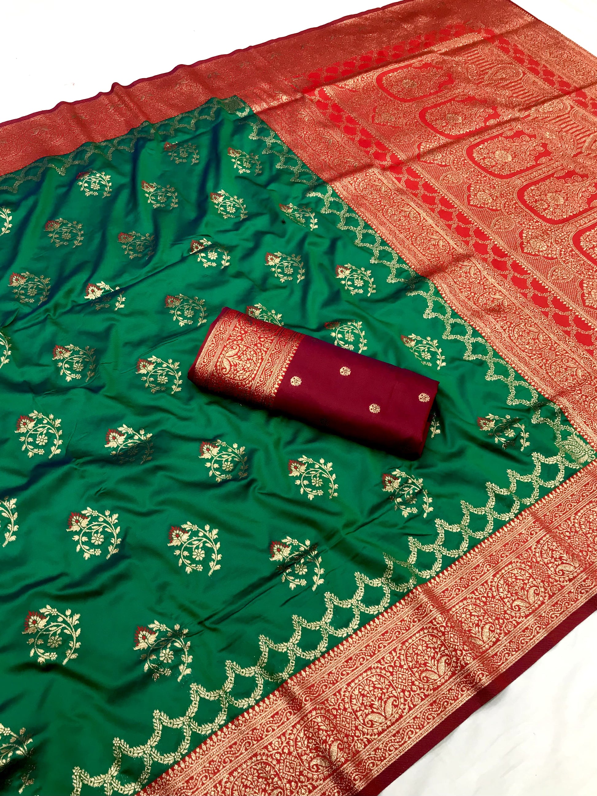 Green color banarasi silk saree with blouse price