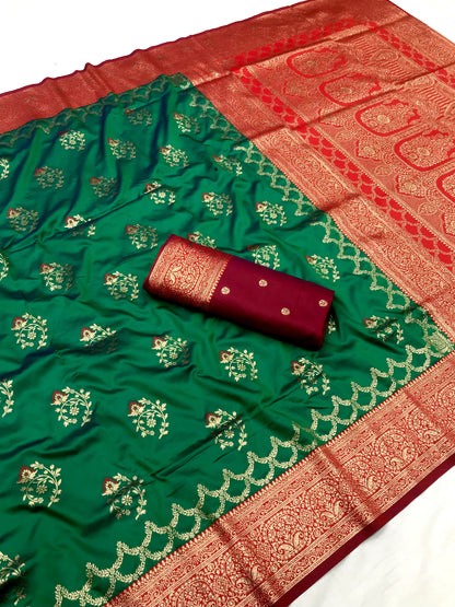 Green color banarasi silk saree with blouse price