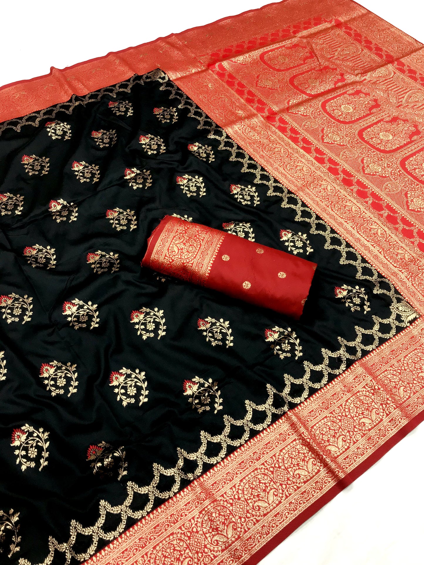 Black color banarasi silk saree with blouse images