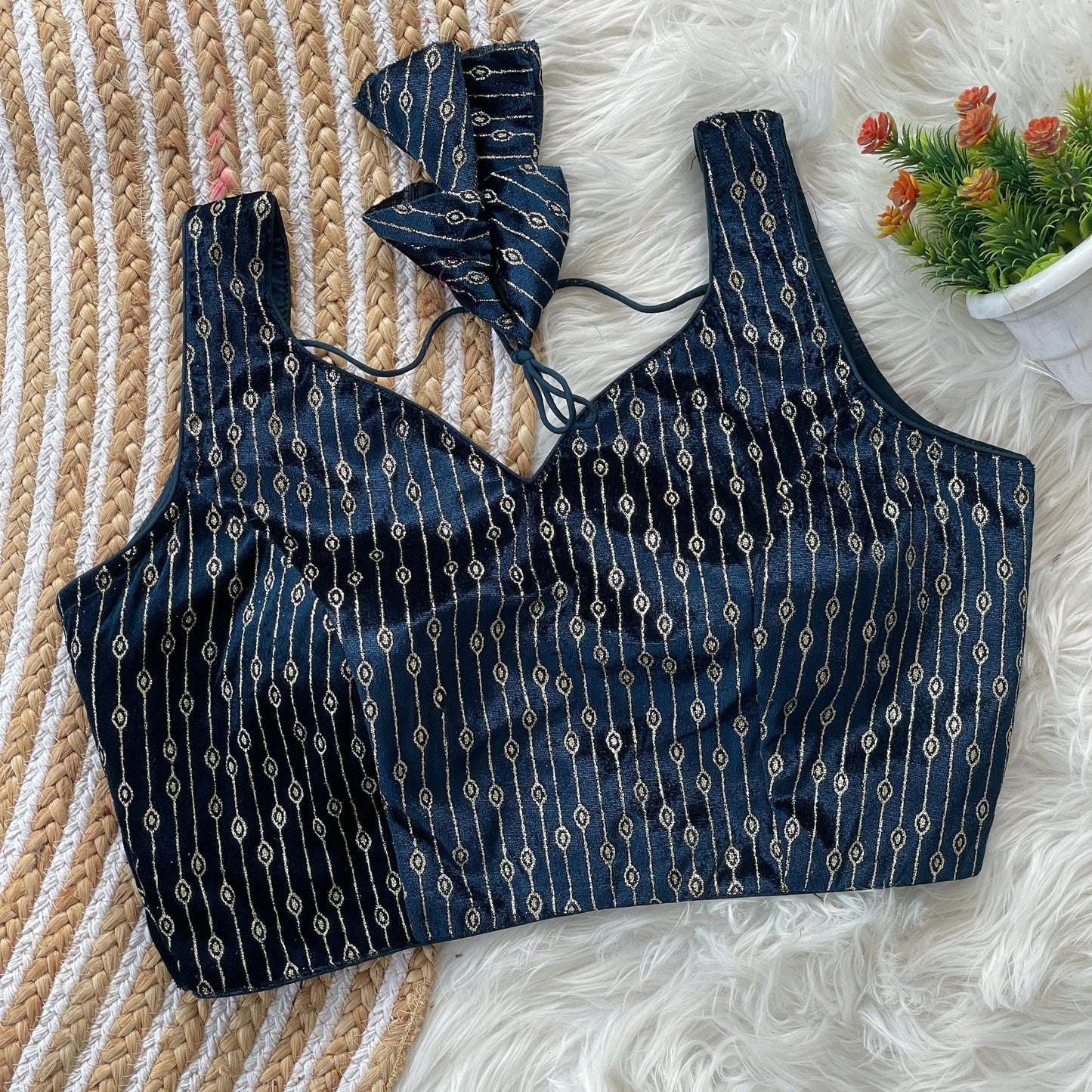 Teal color velvet printed blouse with price