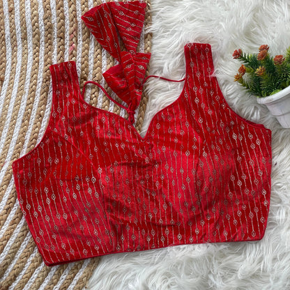 Red color velvet printed blouse with images