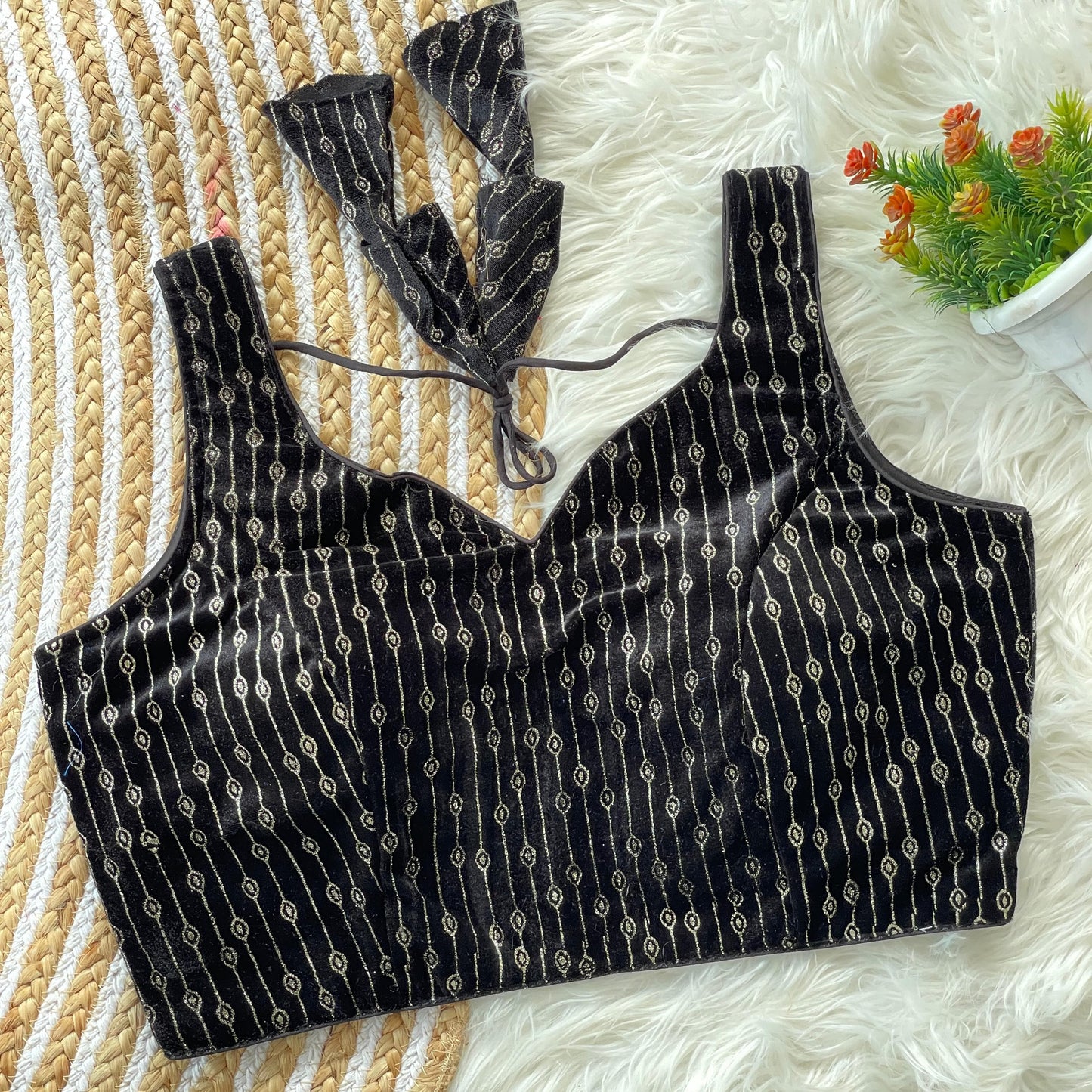 Black color velvet printed blouse with design